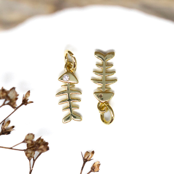 Gold Plated Micro Pave 14x6mm Fish Bone Charm