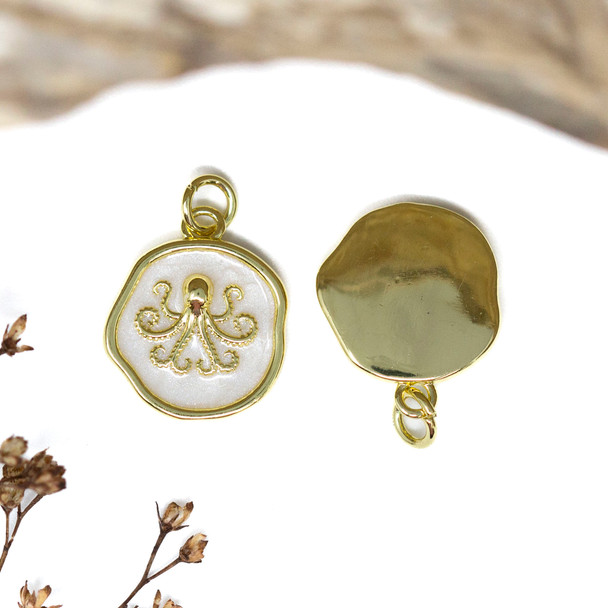18kt Gold Plated Enamel 15mm White Octopus Charm