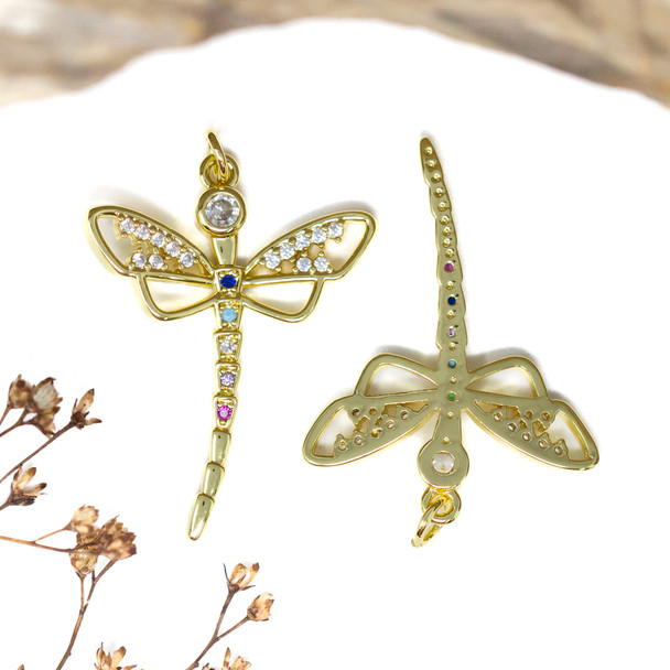 Gold Plated Micro Pave 33x25mm Multi Colored Dragonfly Charm