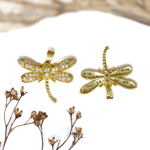 Silver Plated Micro Pave 17x22mm Dragonfly Charm