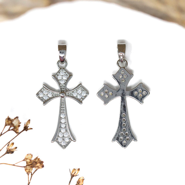 Silver Plated Micro Pave 16x26mm Cross Charm