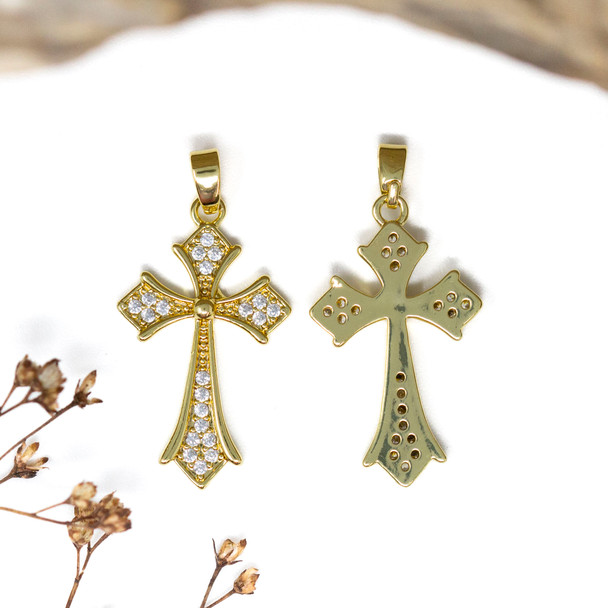 Gold Plated Micro Pave 16x26mm Cross Charm