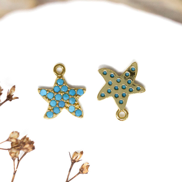 Gold Plated Micro Pave 12x11mm Blue Starfish Charm
