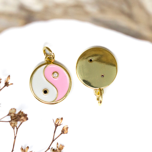 Gold Plated Micro Pave Enamel 12.5mm Pink Yin-Yang Charm
