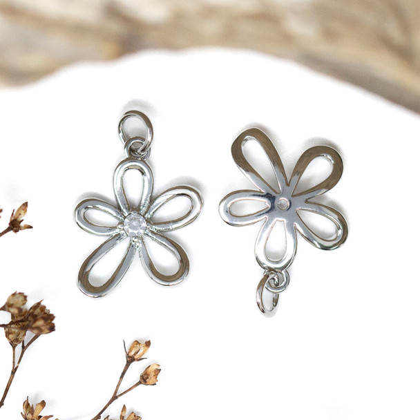 Silver Plated Micro Pave 18x14mm Open Flower Charm