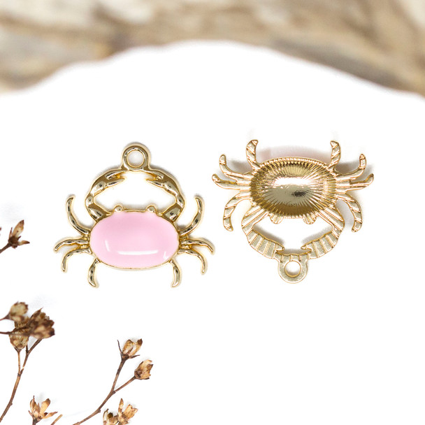 Gold Plated Enamel Alloy 18x20mm Pink Crab Charm
