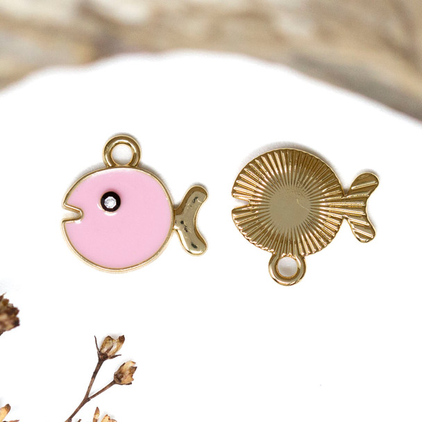 Gold Plated Enamel Micro Pave 14x15mm Pink Fish Charm