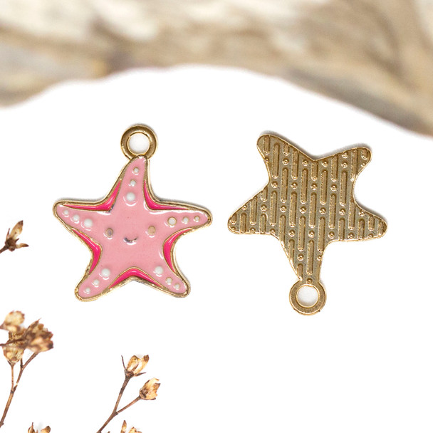 Gold Plated Enamel Alloy 18mm Pink Starfish Charm
