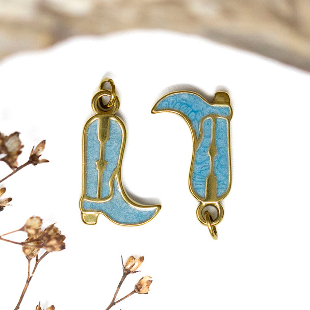 Gold Plated Stainless Steel Enamel 18x11mm Blue Cowboy Boot Charm
