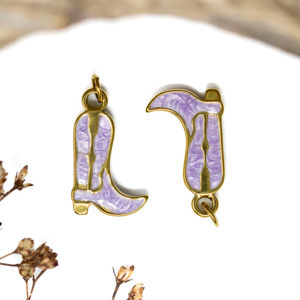 Gold Plated Stainless Steel Enamel 18x11mm Purple Cowboy Boot Charm
