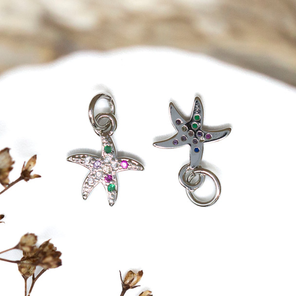 Silver Plated Micro Pave 10mm Multi Colored Starfish Charm