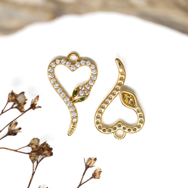 Gold Plated Micro Pave 12x20mm Snake Heart Charm