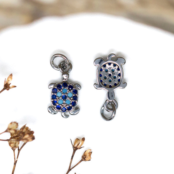 Silver Plated Micro Pave 12x7mm Blue Turtle Charm