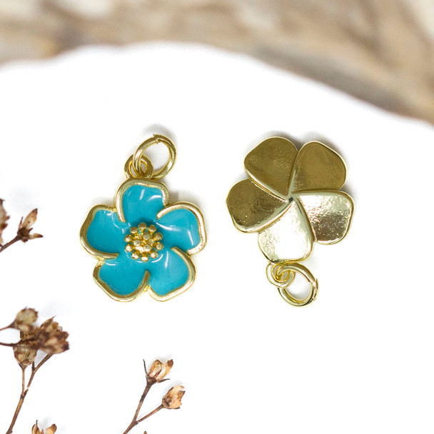 Gold Plated Enamel 13mm Blue Flower Charm