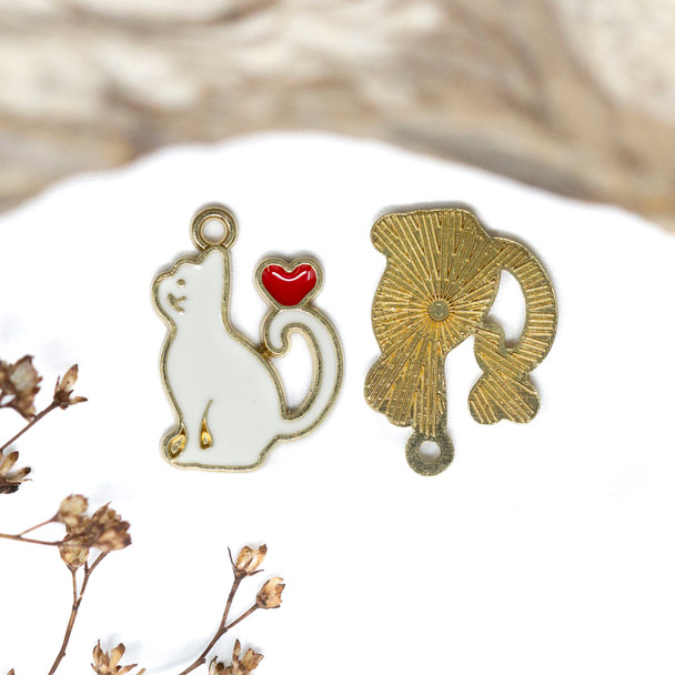 Gold Plated Enamel Alloy 15x20mm Cat with Heart Charm