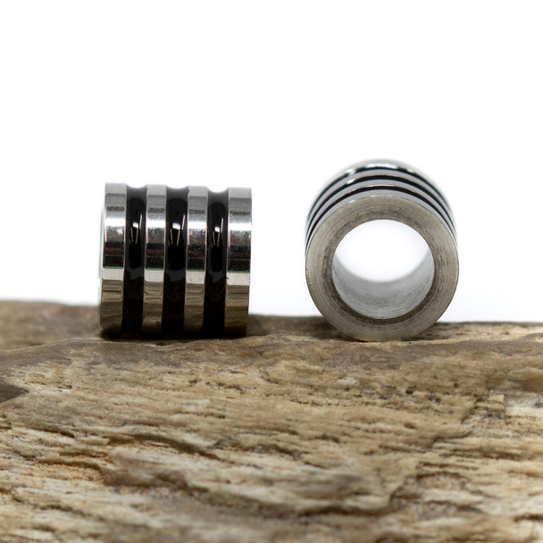 Silver Plated Stainless Steel 8x8mm Black 3 Groove Column Bead