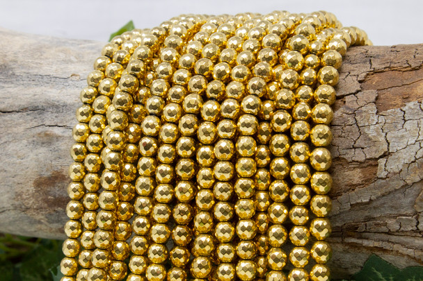 Gold Plated Hematite Polished 6mm 128 Cut Faceted Round