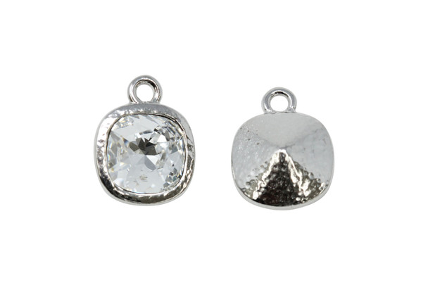 Rhodium Plated 13.1x16.75mm Hammered Cushion Drop with Swarovski Charm