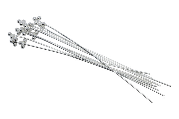 Sterling Silver 2" Long 24 Gauge 3 Ball End Head Pins - 10 Pieces