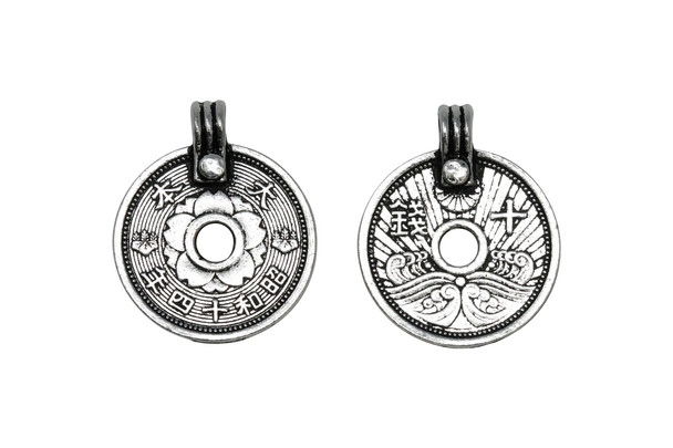 Antique Pewter 21x25.4mm Asian Coin Charm