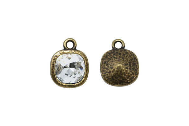 Brass Plated 13.1x16.75mm Hammered Cushion Drop with Swarovski Charm