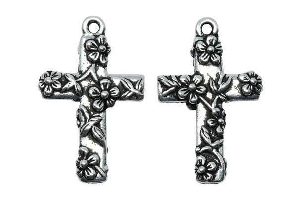 Floral Cross Charm - Silver Plated