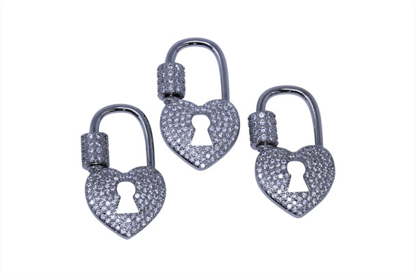 Silver Micro Pave Heart Lock Carabiner Clasp