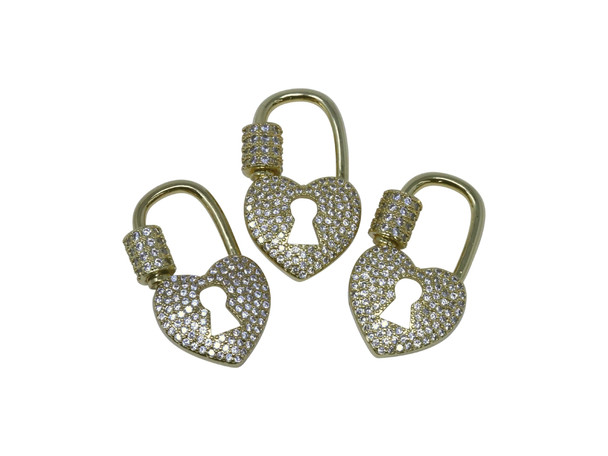 Gold Plated Micro Pave 15x27mm Heart Lock Carabiner Clasp
