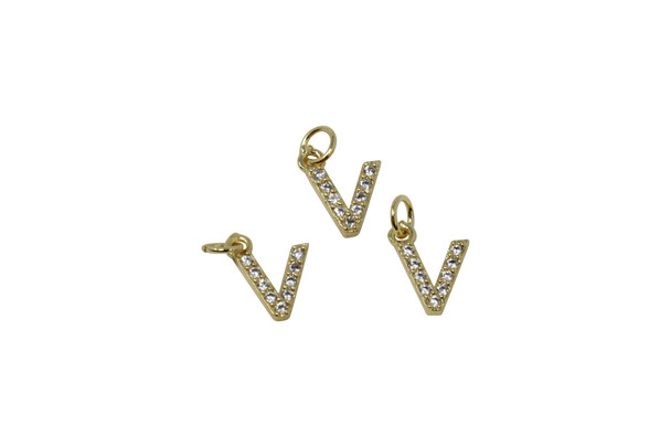 Gold Plated Micro Pave 8mm "V" Letter Charm