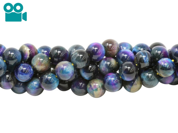 Tiger Eye A Grade Polished 10mm Round Galaxy - Blue Mix