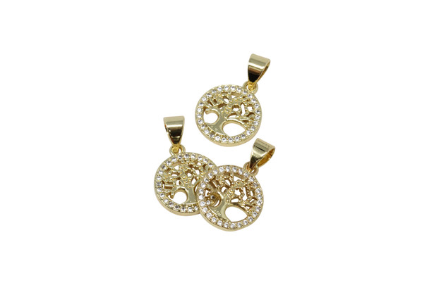 Gold Plated Micro Pave 11mm Coin with Tree Charm