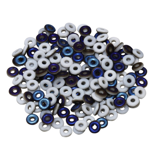 Glass O Beads -- Opaque White 1/2 Blue Iris Matte