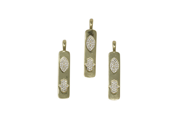 Gold Plated Micro Pave Hamsa Evil Eye Bar Pendant