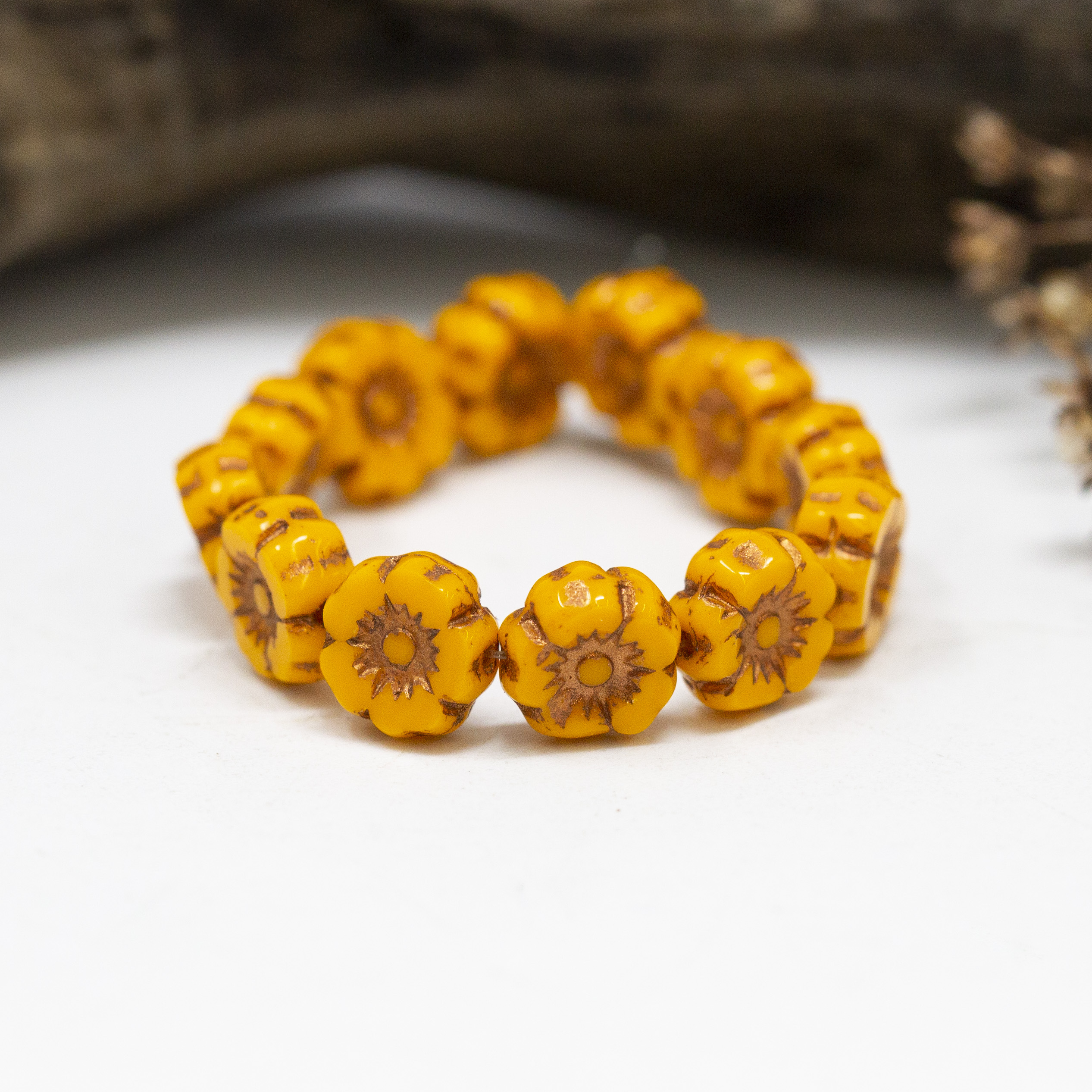 Czech Glass 7mm Hibiscus Flower Beads - Marigold Yellow Copper Wash