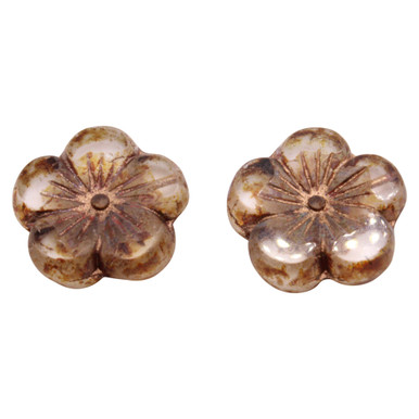 Czech Glass Beads 9mm Hibiscus Flower ANTIQUE GOLD WASH