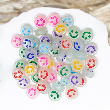 Acrylic beads, emoji, Smiley coin shape bead, mixed colors, 10x5mm, 20pcs.