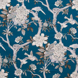 Carole Fabric Bird Sanctuary Prussian Red Sea 100% Cotton -SSR Peru 25,000 Wyzenbeek Double Rubs Horizontal: 13 1/2" D and Vertical: 25 1/4" V 54" - My Fabric Connection -
