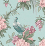 Brewster Golden Pheasant Aqua Floral Wallpaper Archive Collection Covers about 56.4 square feet Great Britain Unpasted 21-in repeat, drop match 20.5-in by 33-ft long roll - My Fabric Connection -