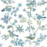 Chesapeake Jinjur Teal Bird Trail Wallpaper Flora & Fauna Covers about 56.4 square feet United States Prepasted 10.5-in repeat, half drop match 20.5-in by 33-ft long roll - My Fabric Connection -