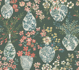 A-Street Prints Harper Green Floral Vase Wallpaper Middleton Covers about 60.8 square feet United States Unpasted 25.25-in repeat, straight match 27-in by 27-ft long roll - My Fabric Connection -