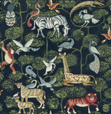 A-Street Prints Rigby Navy Jungle Animals Wallpaper Whimsy Covers about 56.4 square feet Great Britain Unpasted 10.4-in repeat, drop match 20.5-in by 33-ft long roll - My Fabric Connection -