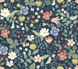 Rifle Paper Co. Strawberry Fields Blue & Pink Wallpaper Rifle Paper Co. Second Edition Covers about 60.8 square feet Unpasted 24-in repeat, straight match 27-in by 27-ft long roll - My Fabric Connection -