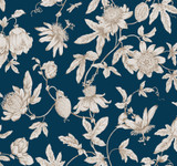 York Wallcoverings Passion Flower Toile Navy Wallpaper Toile Resource Library Covers about 60.8 square feet Unpasted 25.25-in repeat, drop match 27-in by 27-ft long roll - My Fabric Connection - York Wallcoverings Passion Flower Toile Navy Wallpaper Toile Resource Library Covers about 60.8 square feet Unpasted 25.25-in repeat, drop match 27-in by 27-ft long roll - My Fabric Connection -