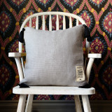 Mind the Gap Pillow Frost Grey Linen Cushion NOMAD STORY 100% Linen Made in United Kingdom Black tasseled corners 20 x 20 in - My Fabric Connection -