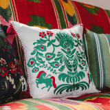 HORSE PARADE Linen Embroidered Cushion (LC40081) by Mind The Gap Designer Pillows | LC40081 | TRANSYLVANIAN ROOTS | 20 x 20 in | Green, Red | Fabric Carolina | https://www.fabriccarolina.com/