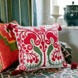 TRANSYLVANIAN SUZANI Linen Embroidered Cushion (LC40083) by Mind The Gap Designer Pillows | LC40083 | TRANSYLVANIAN ROOTS | 20 x 20 in | Green, Red, White | Fabric Carolina | https://www.fabriccarolina.com/