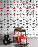 MOUSTACHE AND LIPS Premium Wallpaper (WP20084) by Mind The Gap Designer Wallpaper | WP20084 | WALLPAPER DESIGNER COLLECTION | 3 rolls x 20.5 x 118.1 in | 0.52m / 20.5in | 3m / 118in | 4.65mp | 52cm / 20.5in | Black, Red, White | Non-woven | Paste the wall | 3-rolls in a box | Fabric Carolina | https://www.fabriccarolina.com/