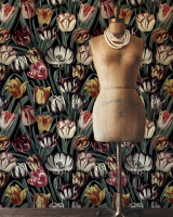 TULIPA Dark (WP20177) by Mind The Gap Designer Wallpaper | WP20177 | PREMIUM DESIGNER WALLPAPER COLLECTION | 3 rolls x 20.5 x 118.1 in | 0.52m / 20.5in | 3m / 118in | 4.65mp | 70cm / 27.6in | Black, Green, Red, White, Yellow | Non-woven | Paste the wall | 3-rolls in a box | Fabric Carolina | https://www.fabriccarolina.com/