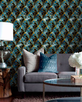 NEO Topaz Wallpaper (WP20351) by Mind The Gap Designer Wallpaper | WP20351 | THE WALLPAPER COLLECTABLES | 3 rolls x 20.5 x 118.1 in | 0.52m / 20.5in | 3m / 118in | 4.65mp | 52cm / 20.5in | Black, Blue, Gold | Satin Matte | Paste the wall | 3-rolls in a box | Fabric Carolina | https://www.fabriccarolina.com/