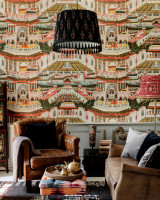 INDIAN PALACE Wallpaper (WP20651) by Mind The Gap Designer Wallpaper | WP20651 | THE WALLPAPER COMPENDIUM 2 | 3 rolls x 20.5 x 118.1 in | 0.52m / 20.5in | 3m / 118in | 4.65mp | 100cm / 39.3in | Green, Red, Taupe, Yellow | Satin Matte | Paste the wall | 3-rolls in a box | Fabric Carolina | https://www.fabriccarolina.com/